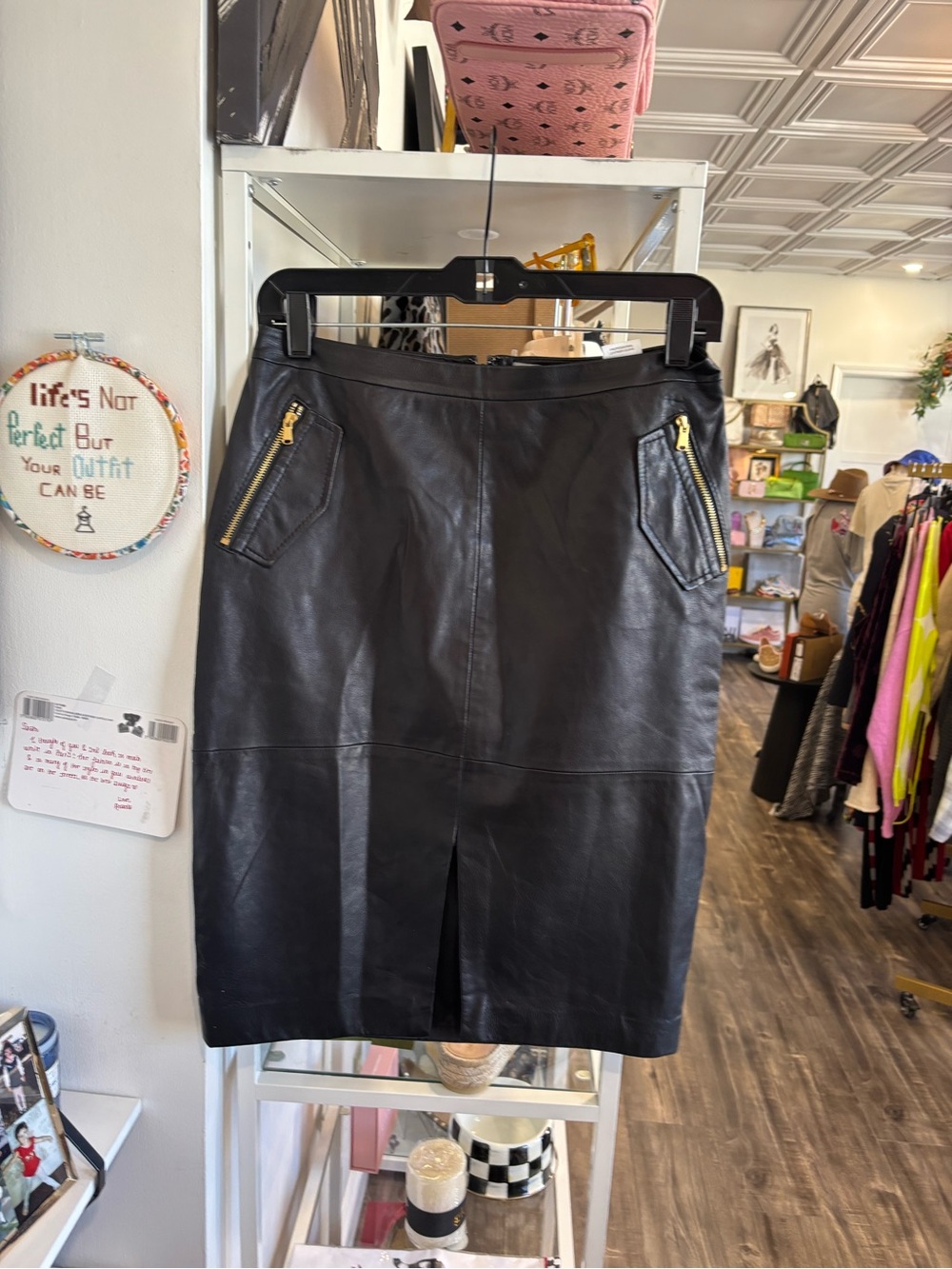 Classiques Entier Black Leather Pencil Skirt with Gold Zips